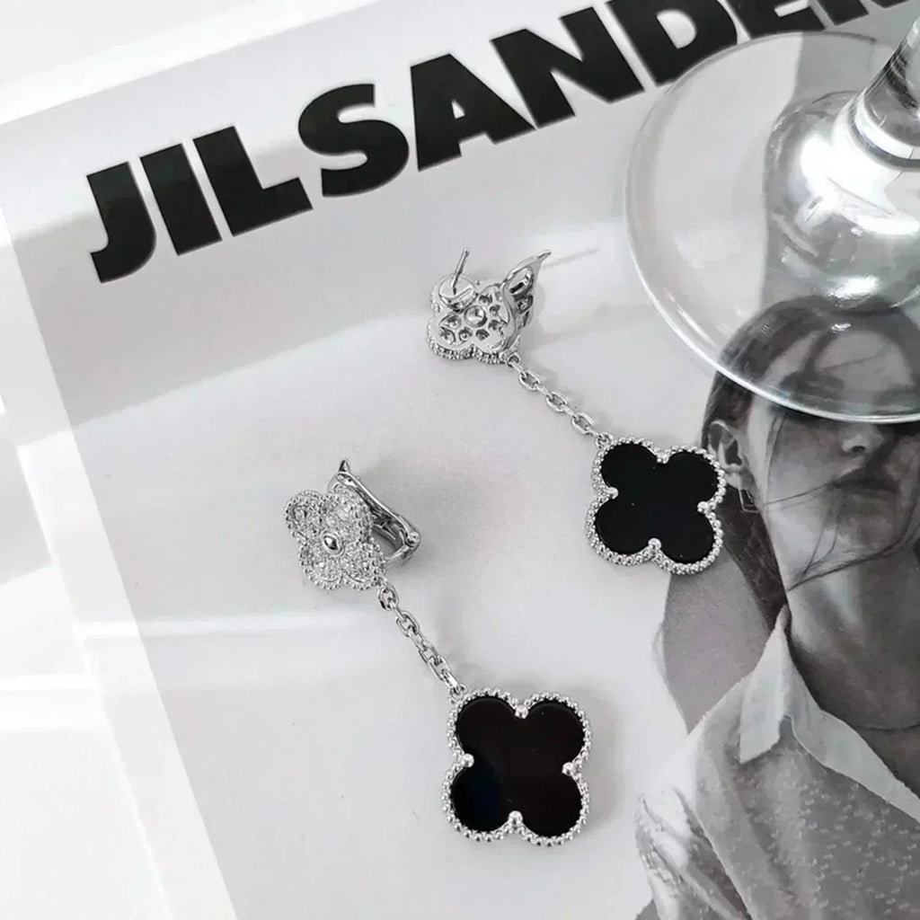 ¡®Lumi¡¯CLOVER 2 MOTIFS  DIAMOND ONYX EARRINGS SILVER
