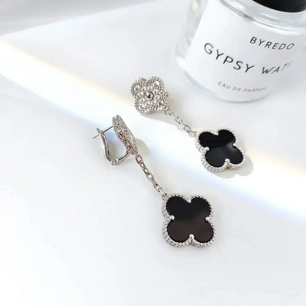 ¡®Lumi¡¯CLOVER 2 MOTIFS  DIAMOND ONYX EARRINGS SILVER