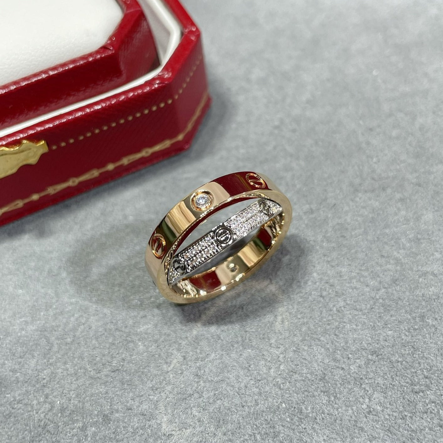 ¡®Lumi¡¯LOVE PINK GOLD SILVER DIAMOND DOUBLE RING
