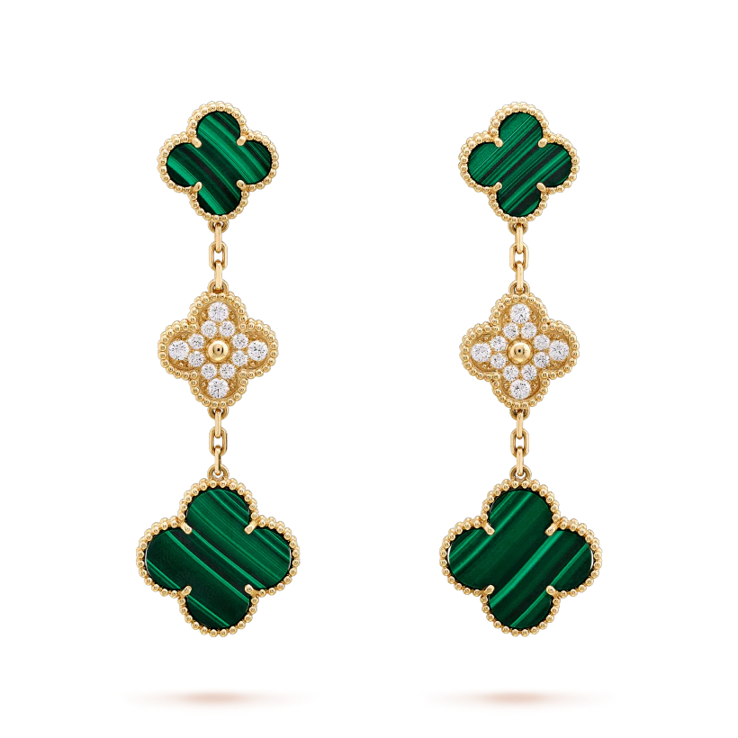 ¡®Lumi¡¯CLOVER EARRINGS GOLD MALACHITE DIAMOND 3 MOTIF